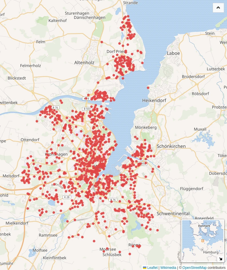 viele rote Punkte über das Stadtgebiet von Kiel verteilt